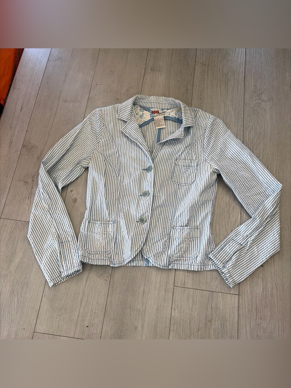 Vintage Roxy Light Blue and White Striped Cotton Blazer
